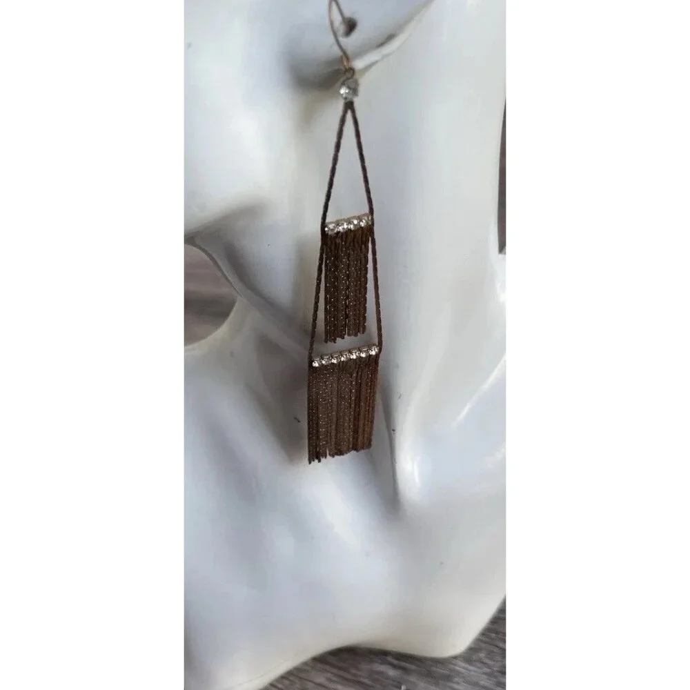 Vintage Copper Rose Gold Long Tassle Multi Start and Dangle Earrings White Stone